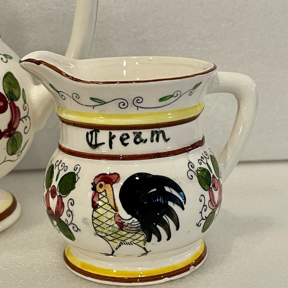 1950's Ceramic Coffee Tea Pot Creamer Sugar Set Rooster Hand Painted Acson Japan - Picture 4 of 9